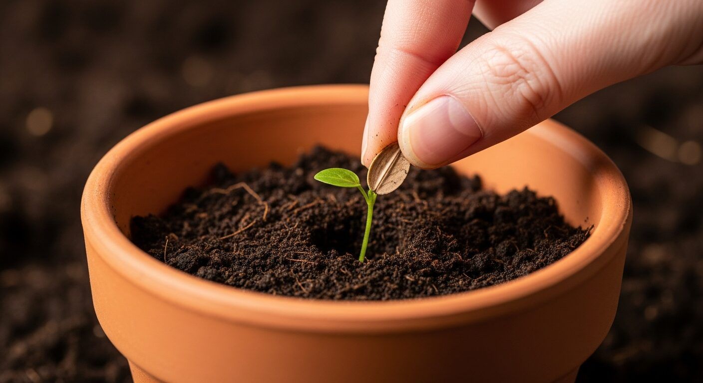 Cannabis seedling emerging from moist seed-starting soil in a small pot