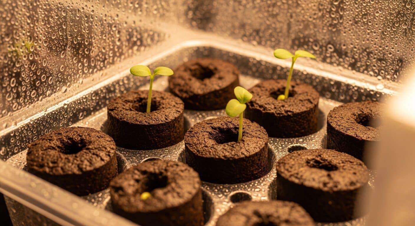 Expanded Jiffy peat pellets in a seedling tray