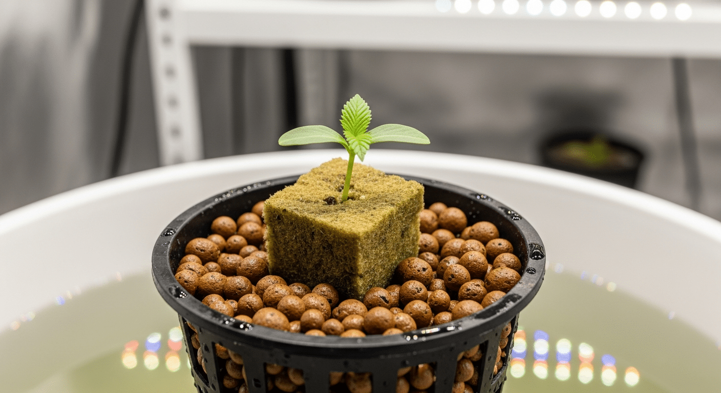 Cannabis seedling established in a DWC hydroponic net pot