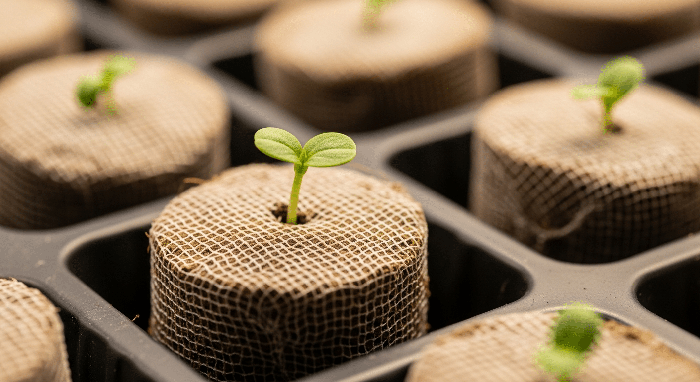 Sprouted seed planted in an expanded Jiffy pellet ready for transplant