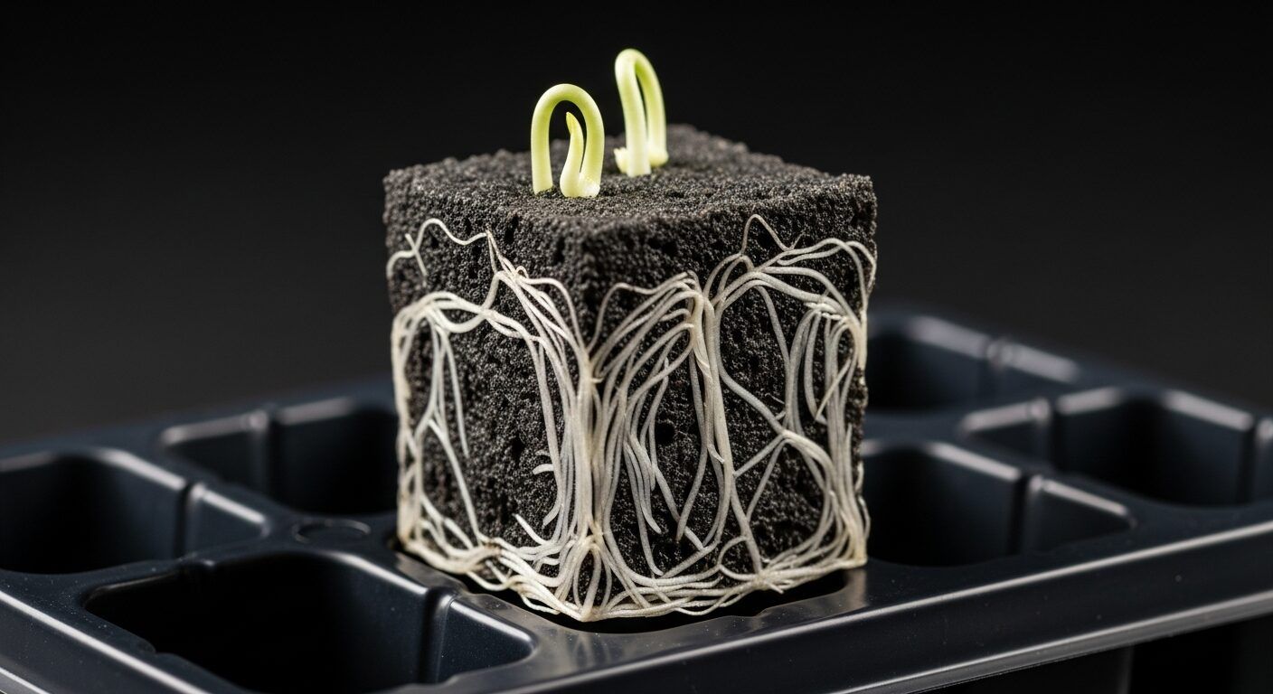 Seedling being transplanted into a pre-soaked Rapid Rooter plug