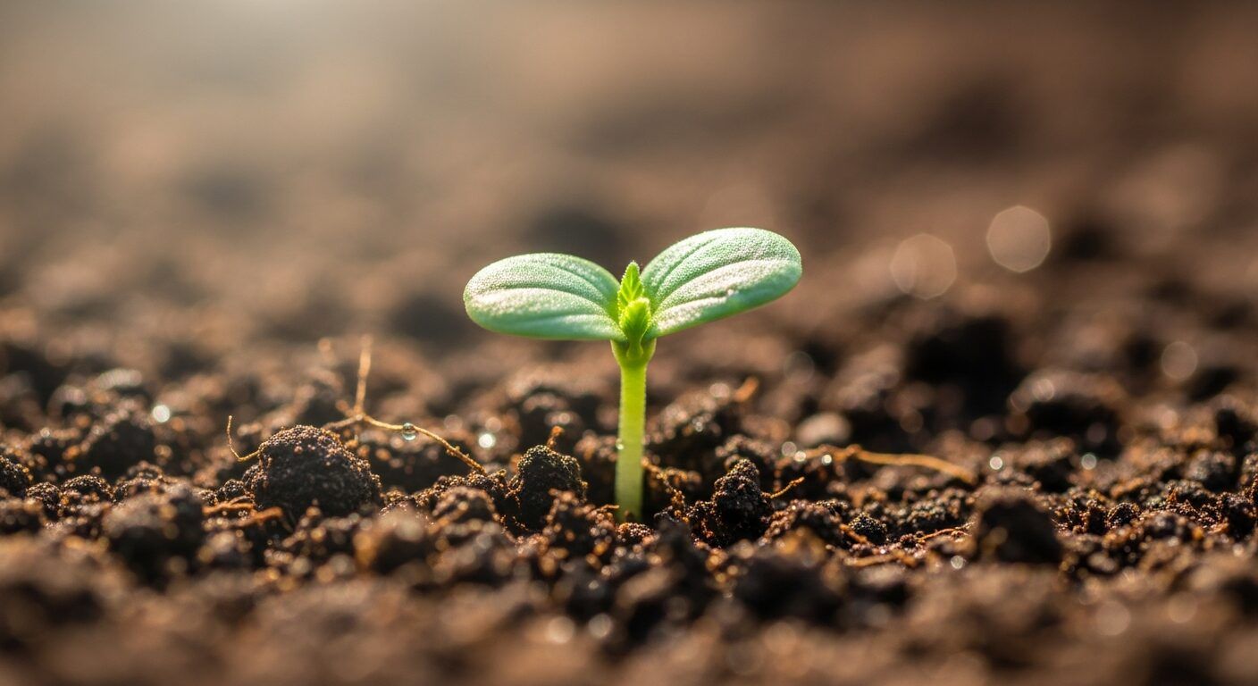 Sprouted cannabis seed being placed taproot-down into soil