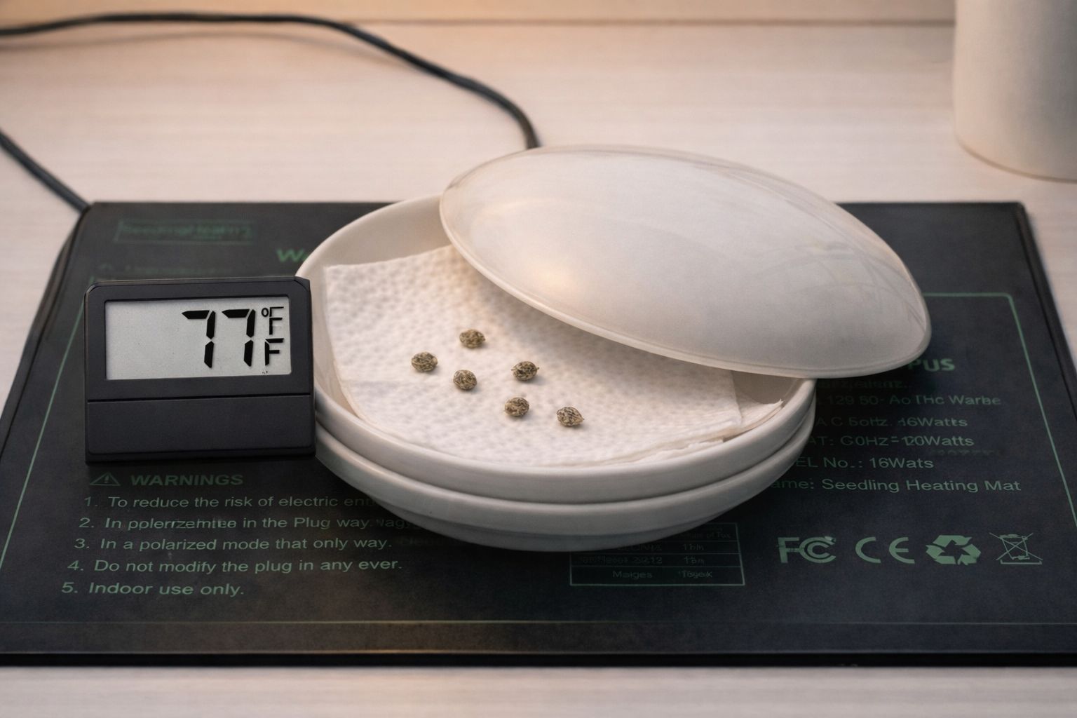 Seedling heat mat with digital thermometer showing 77F and paper towel germination setup