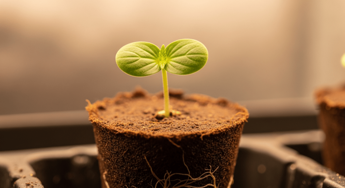 cannabis seedling emerging from rapid rooter starter plug