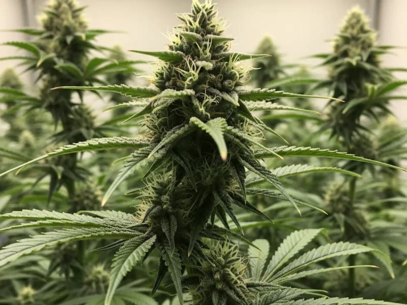 Tall flowering cannabis plant in a bright grow room