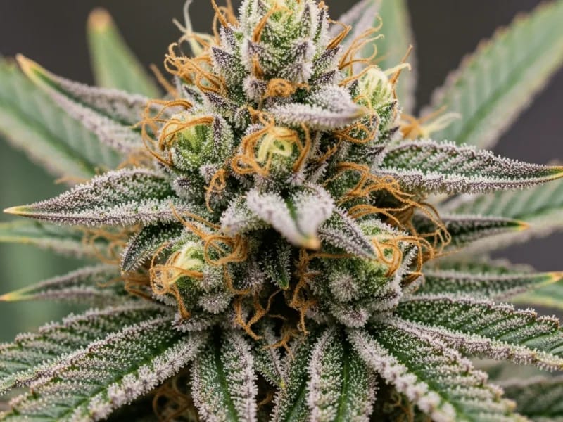Close-up of a frosty, resin-covered cannabis bud