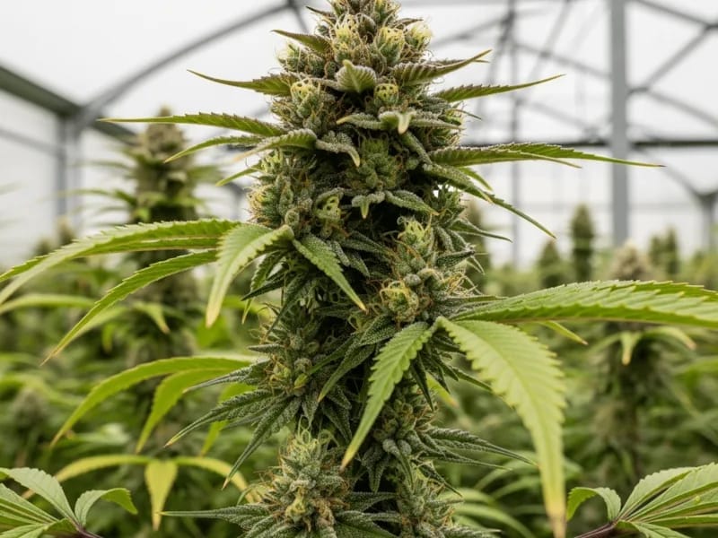 Large cannabis plant heavy with buds in a greenhouse
