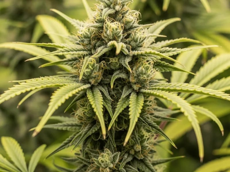 Flowering cannabis cola under grow lights